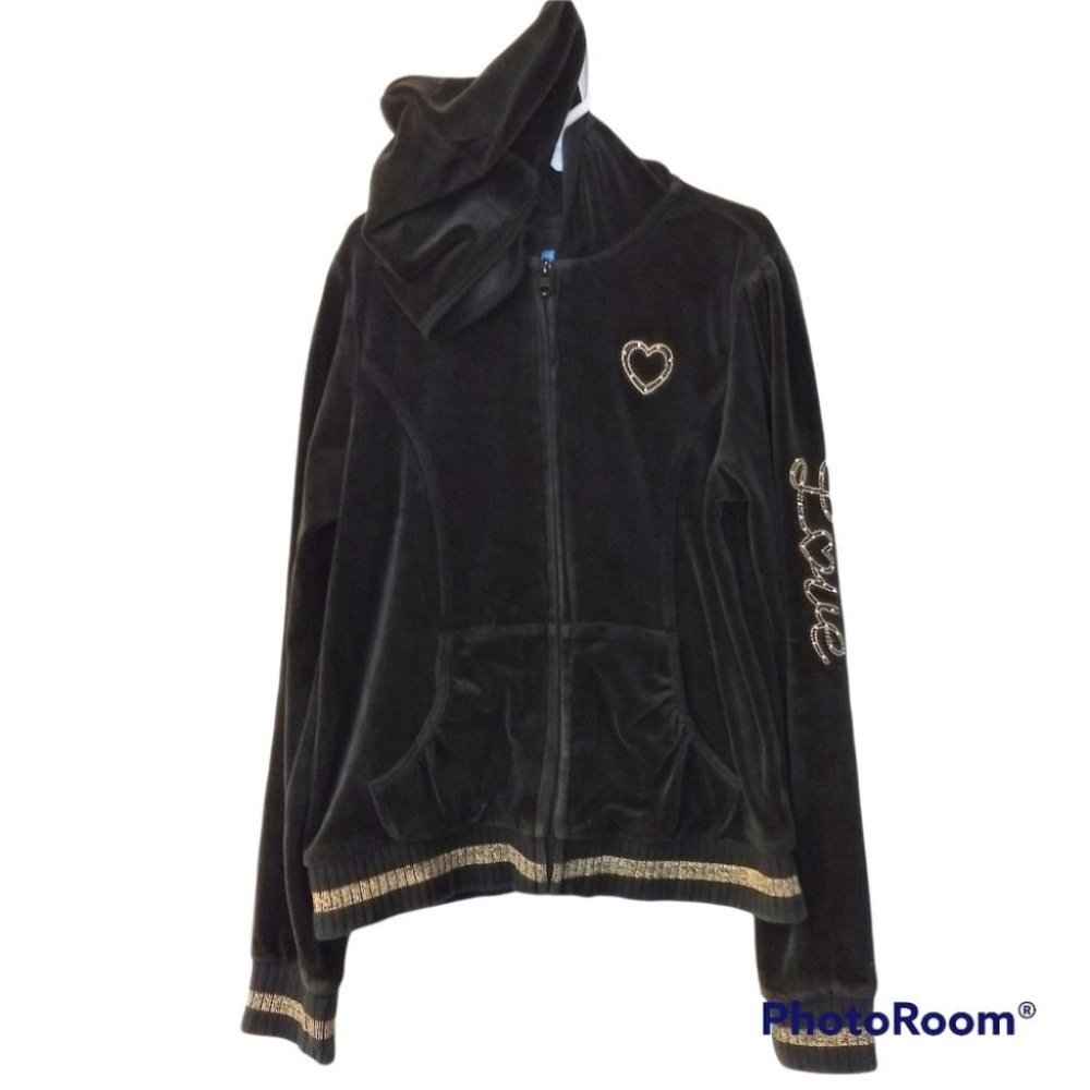 Girl's The Children's Place Black Velour Love Hooded Sweatshirt Large (10/12)